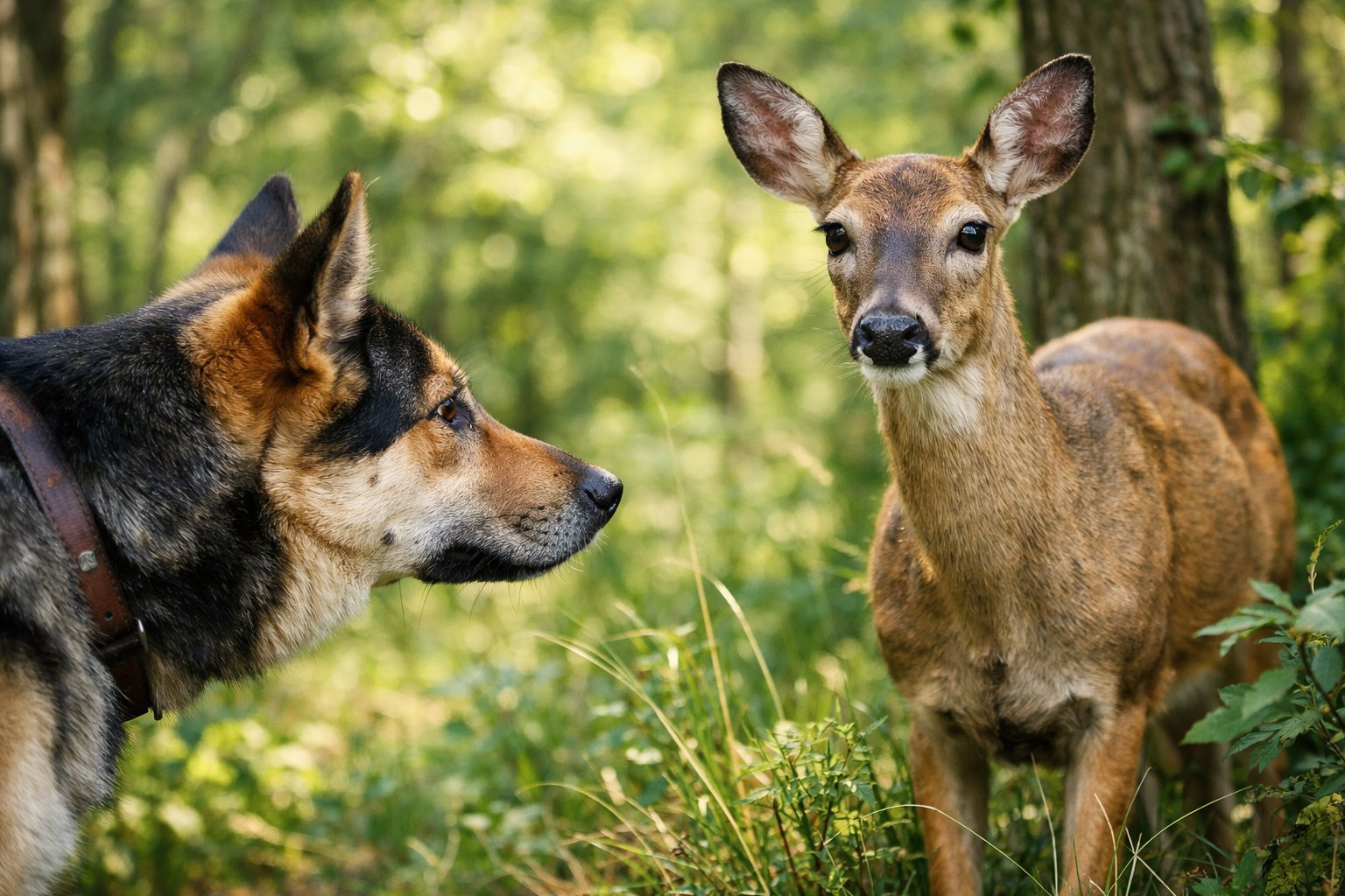 A dog and a deer standing close together in a forest with trees and greenery around them.