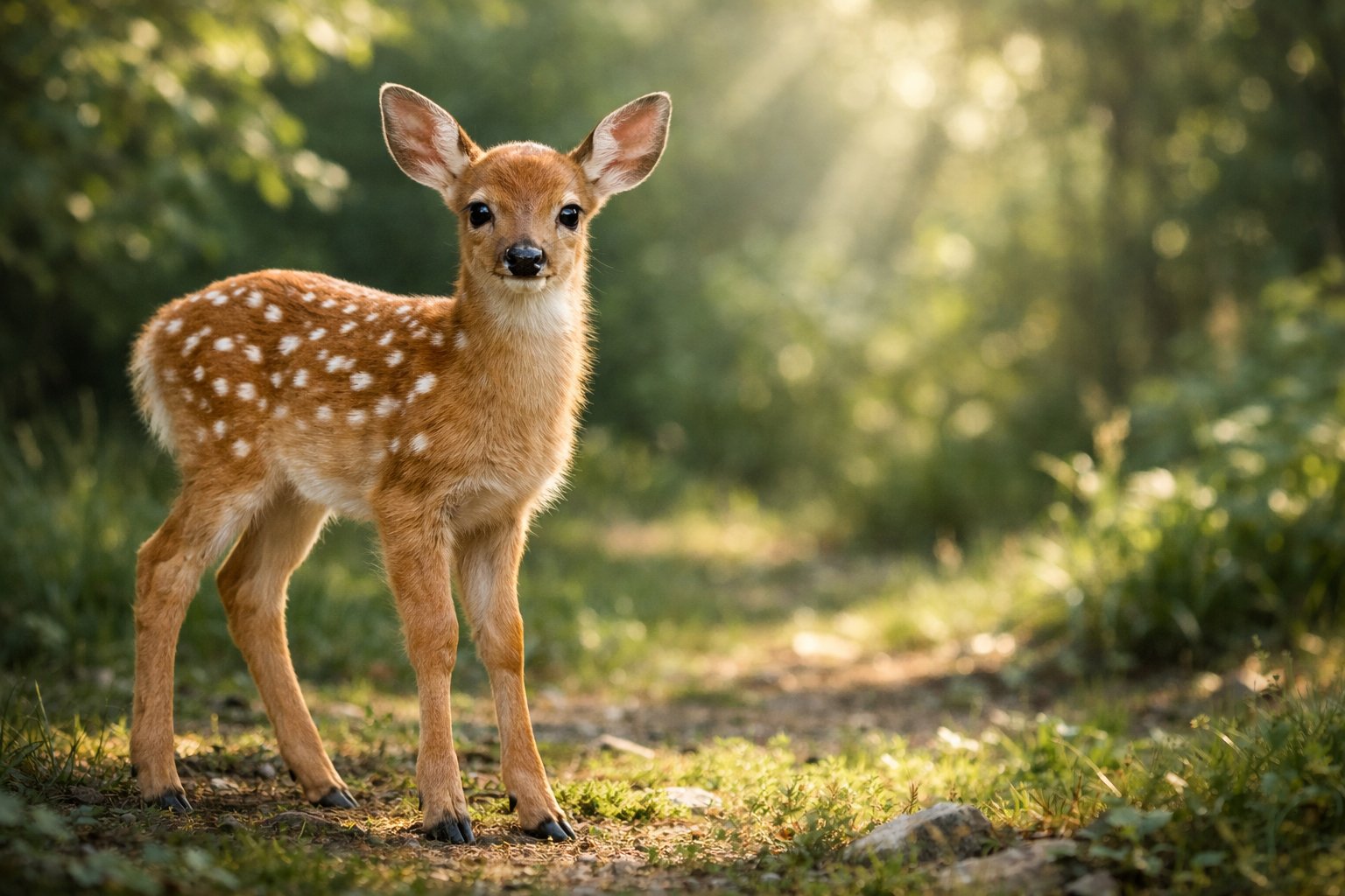 A baby deer with white spots standing in a sunlit forest clearing surrounded by green trees.