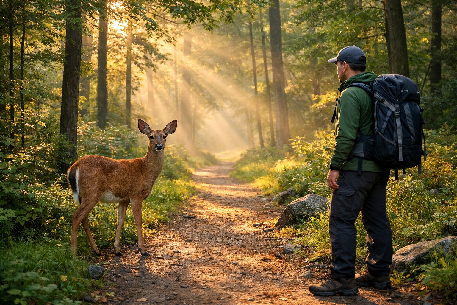 A hiker quietly observing a deer standing on a forest path surrounded by tall trees and sunlight.