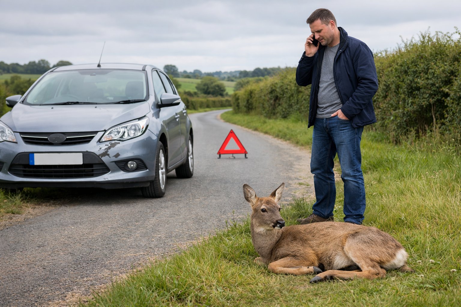 A driver standing beside a damaged car on a rural UK road after hitting a deer, with the deer lying nearby and a warning triangle placed behind the car.