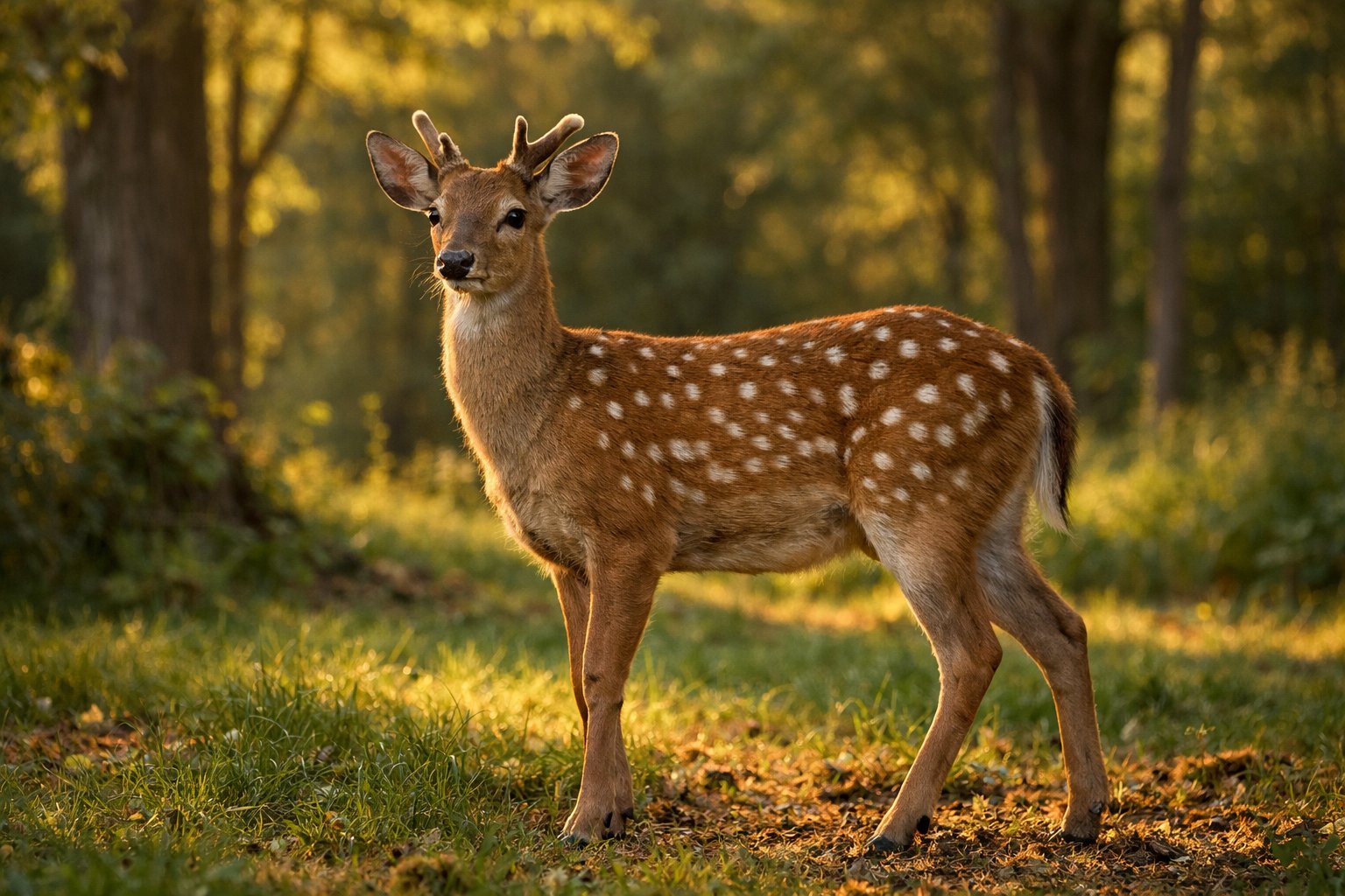 A young male deer standing in a sunlit forest clearing surrounded by trees and grass.