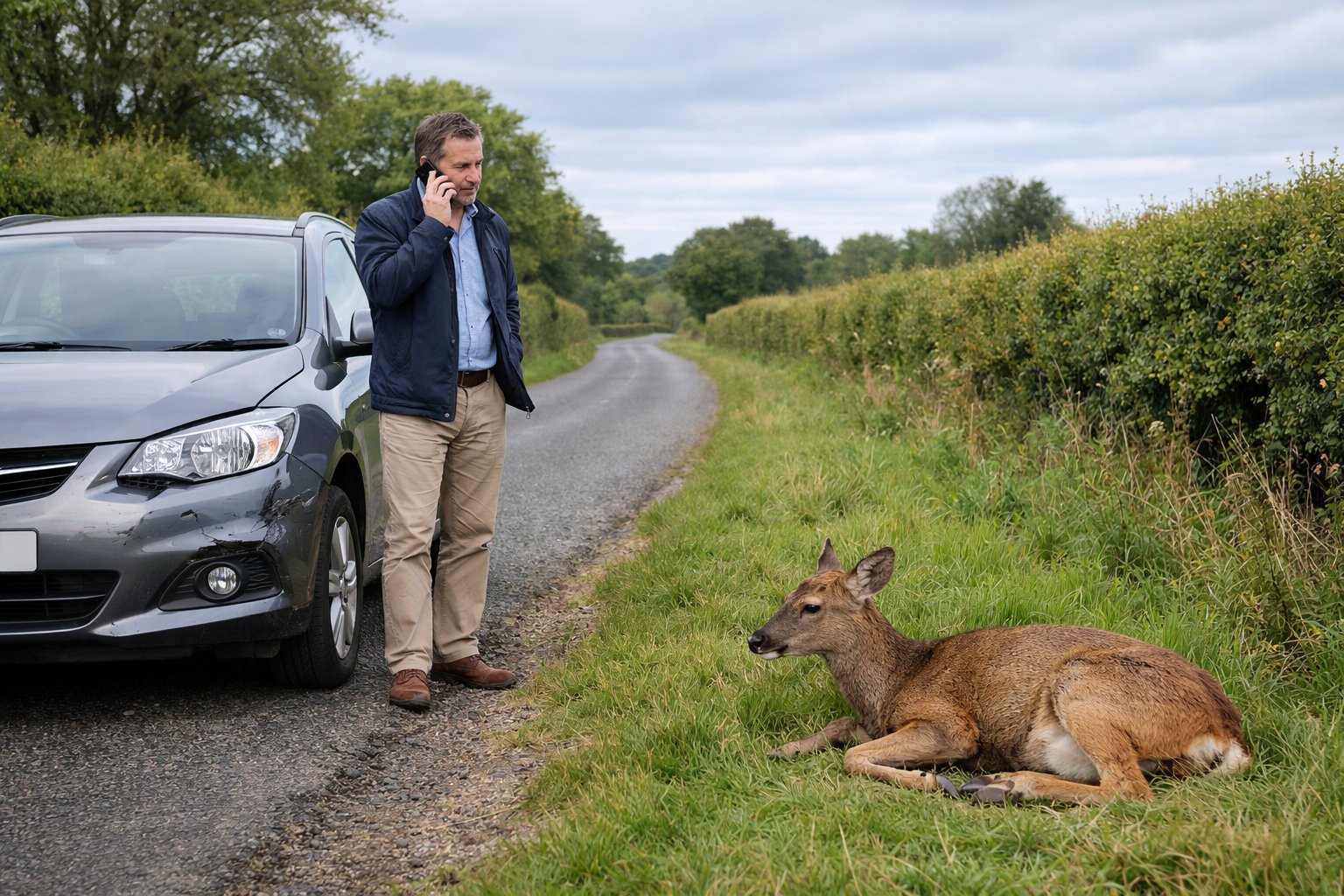A person standing beside a car on a quiet UK country road, making a phone call, with an injured deer lying on the grass verge nearby.
