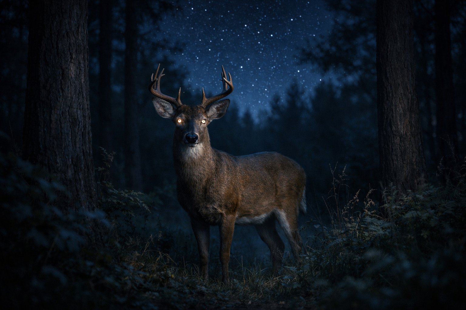 A deer standing in a dark forest at night, looking directly toward the viewer with glowing eyes.