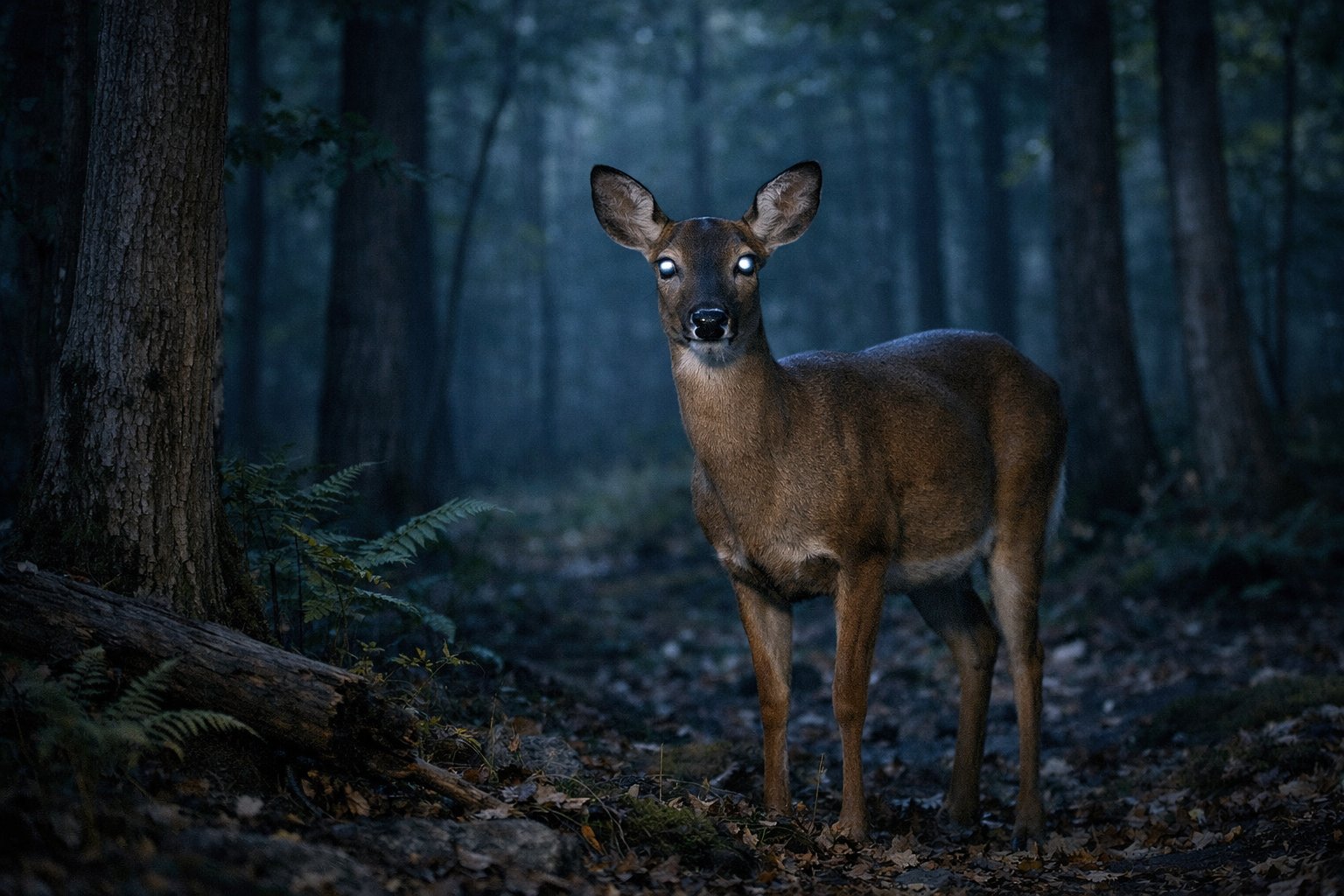 A deer standing in a dark forest at night, looking directly ahead with glowing eyes.