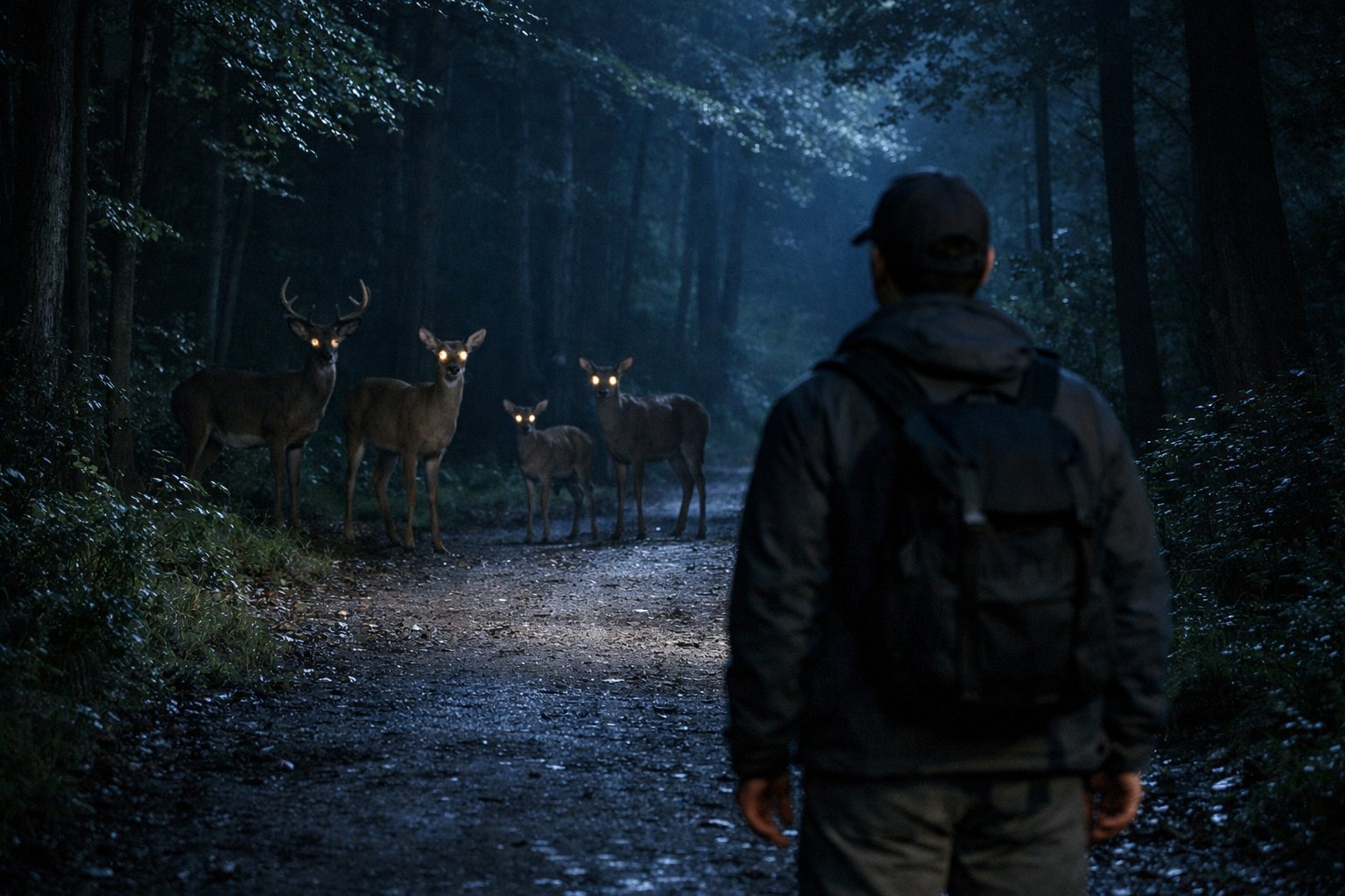A person standing on a forest path at night looking at deer that are staring back with glowing eyes.
