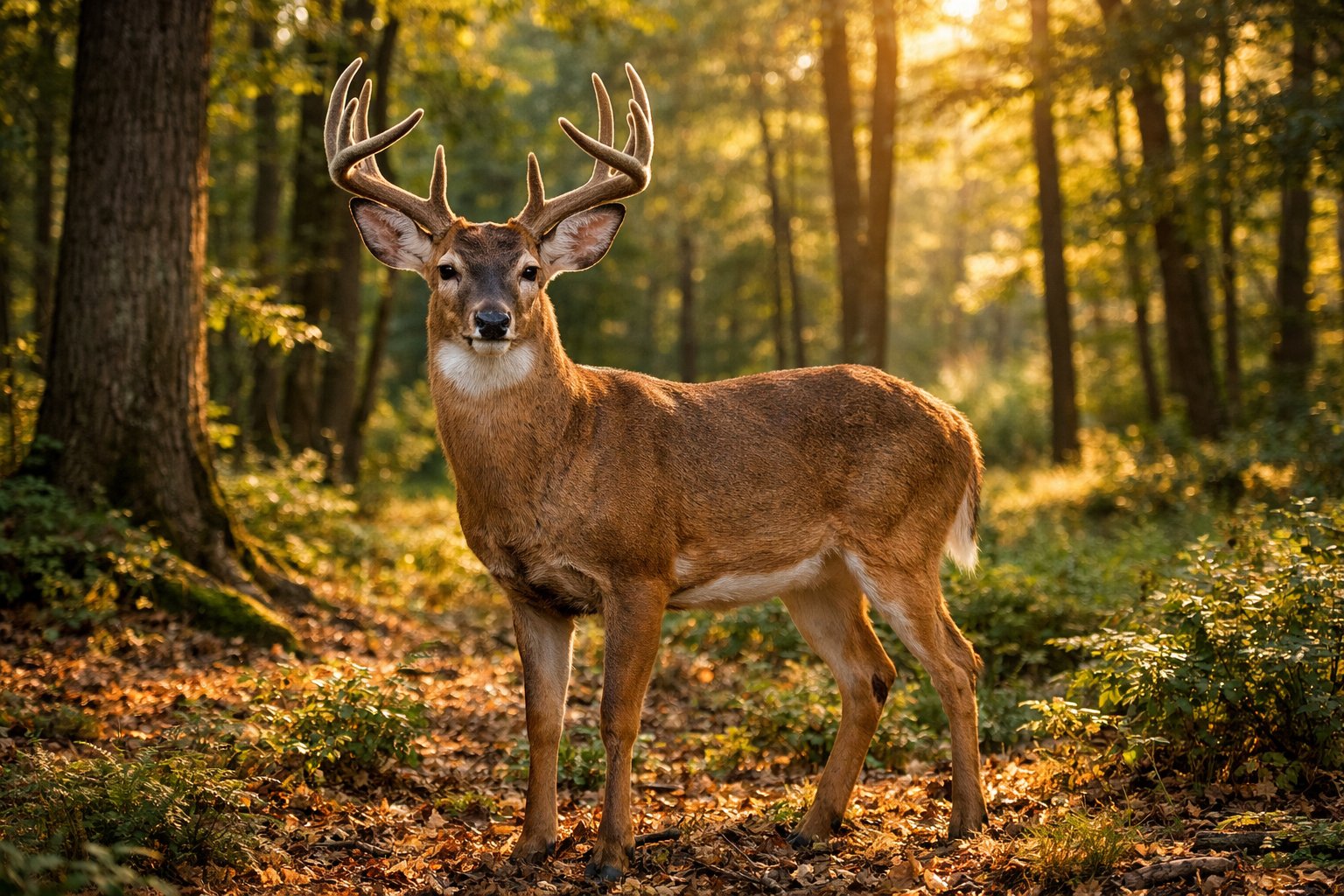 An adult deer standing in a sunlit forest surrounded by trees and greenery.