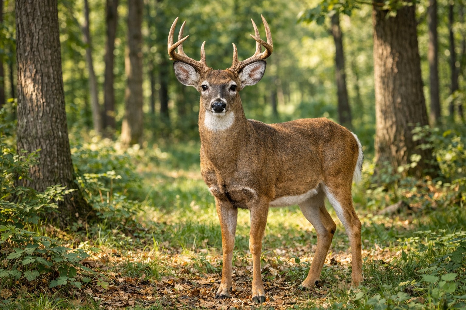 An adult deer standing in a sunlit forest surrounded by trees and green plants.