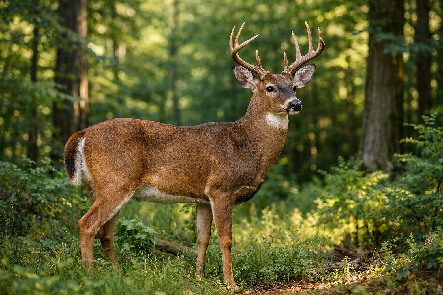 An adult deer standing in a green forest with sunlight filtering through the trees.