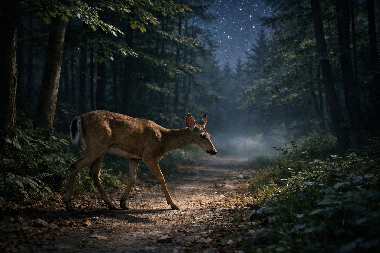 A deer walking along a forest path at night under moonlight with trees and stars in the background.