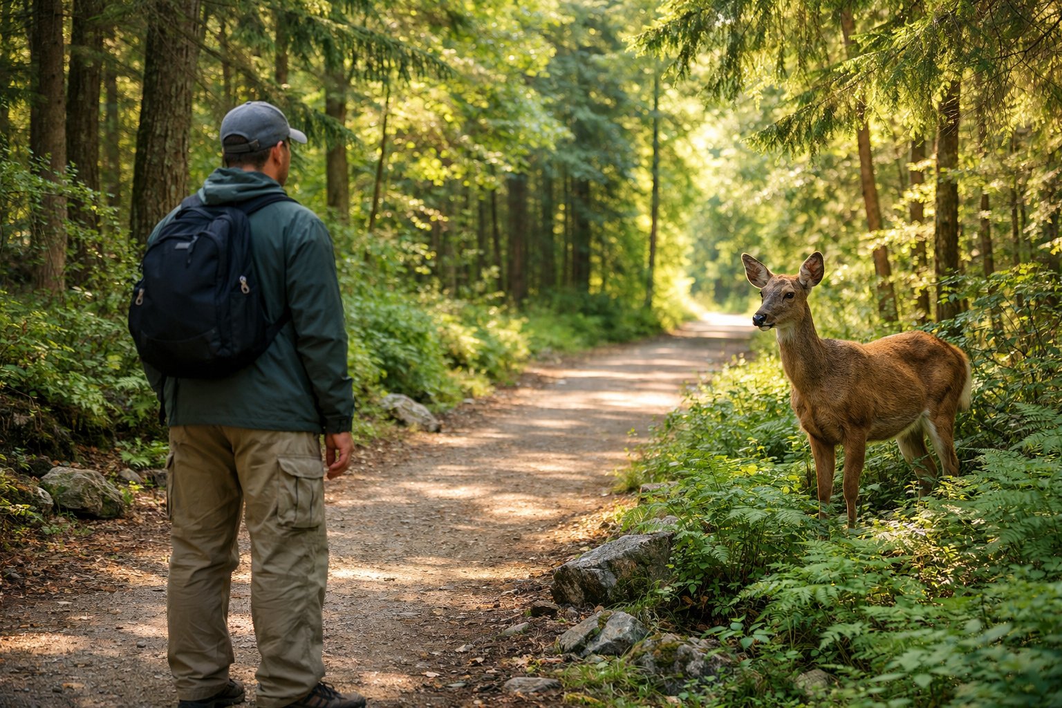 A person standing calmly on a forest trail looking at a deer nearby among the trees.