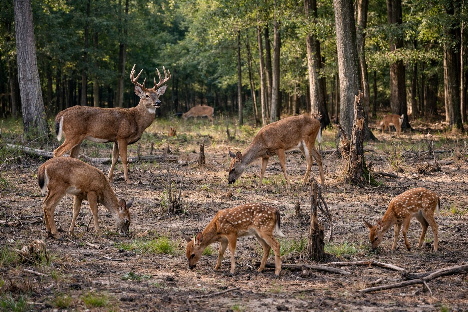 A group of deer grazing in a forest with visible damage to young plants and underbrush.