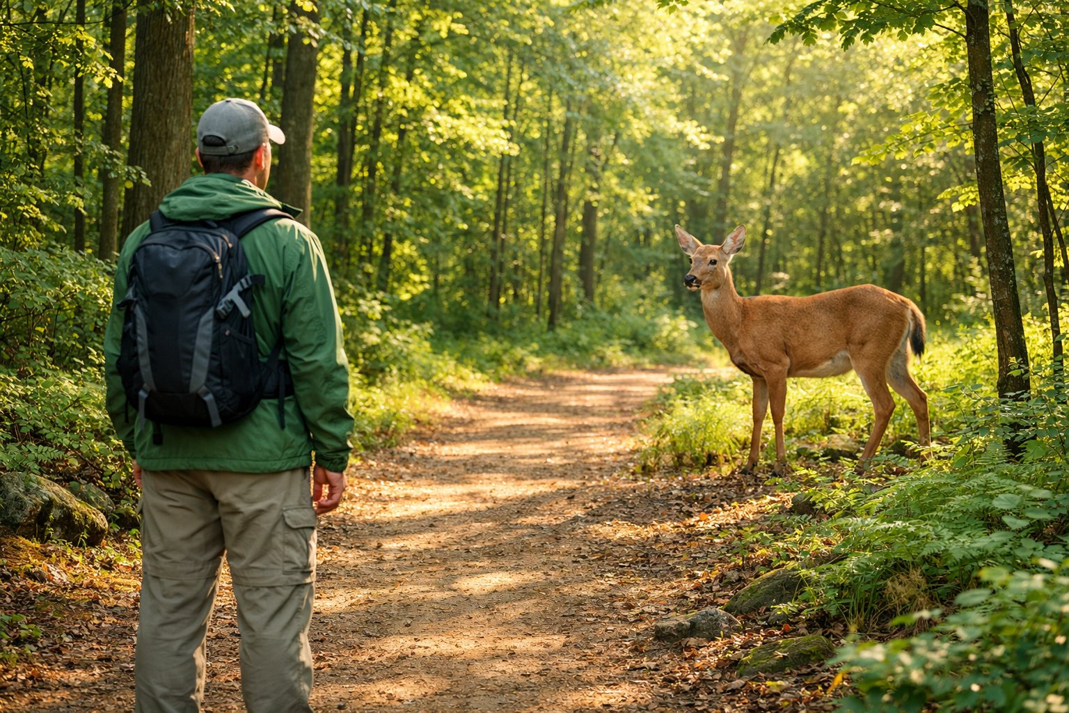 A person calmly watching a deer from a safe distance on a forest trail surrounded by green trees.