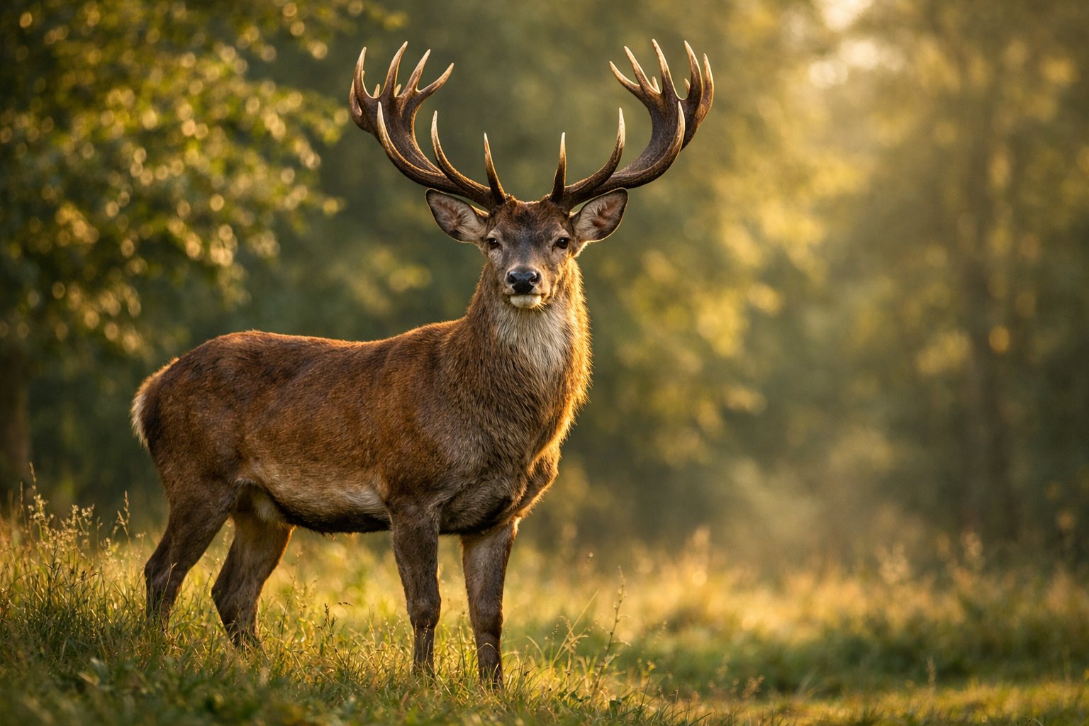 A deer standing in a sunlit forest clearing with large antlers and green trees in the background.
