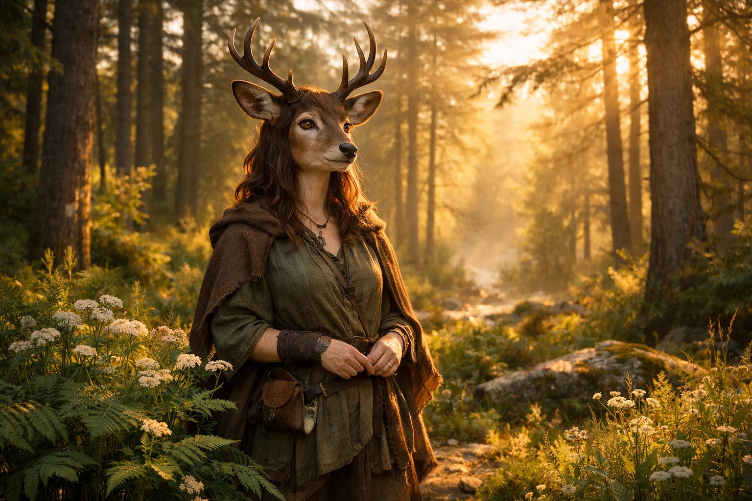 A humanoid figure with deer antlers and ears stands calmly in a sunlit forest surrounded by trees and greenery.