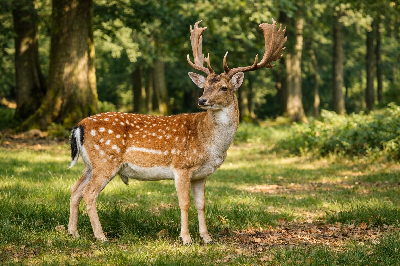 A British deer standing in a sunlit forest clearing surrounded by trees and grass.