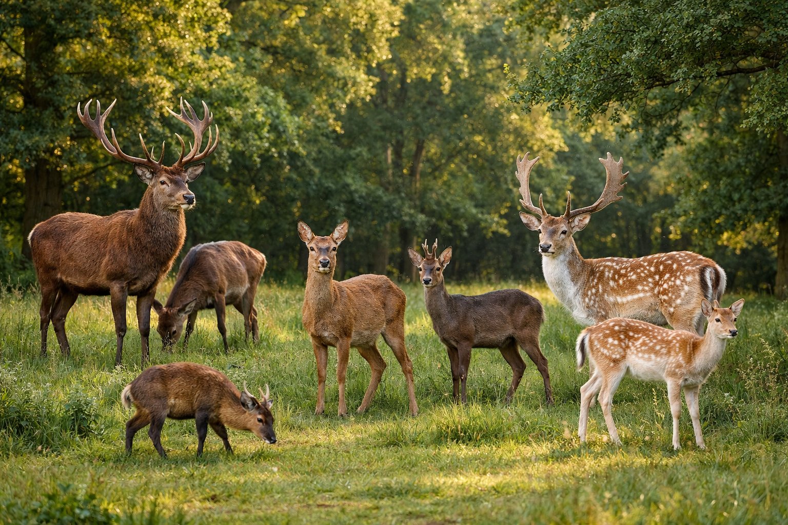 A group of different British deer species standing and grazing in a green woodland area with sunlight filtering through the trees.