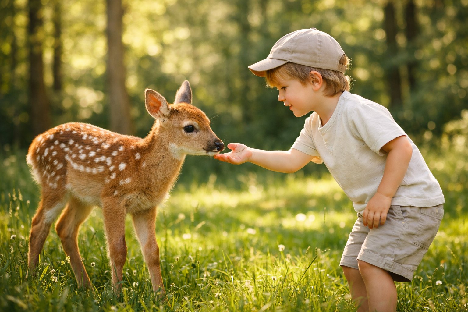 A young child gently reaching out to touch a calm baby deer standing on grass in a sunlit forest clearing.