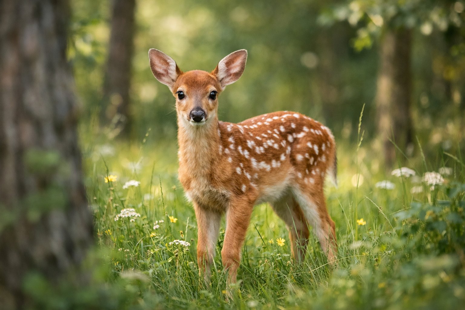 A baby deer standing alert in a green forest clearing surrounded by grass and trees.