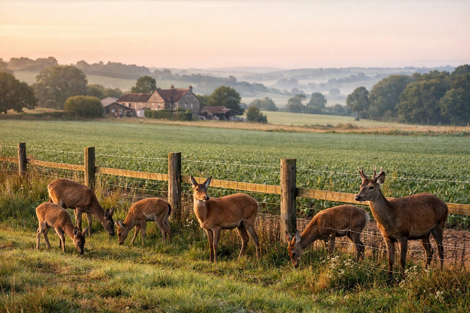 Wild deer grazing near a wooden fence in a rural UK farmland landscape at dawn.