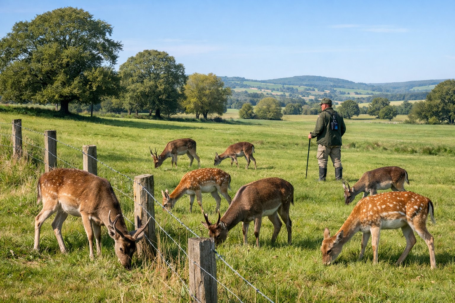 A group of deer grazing in a green field with a person observing them in the background in a rural UK landscape.
