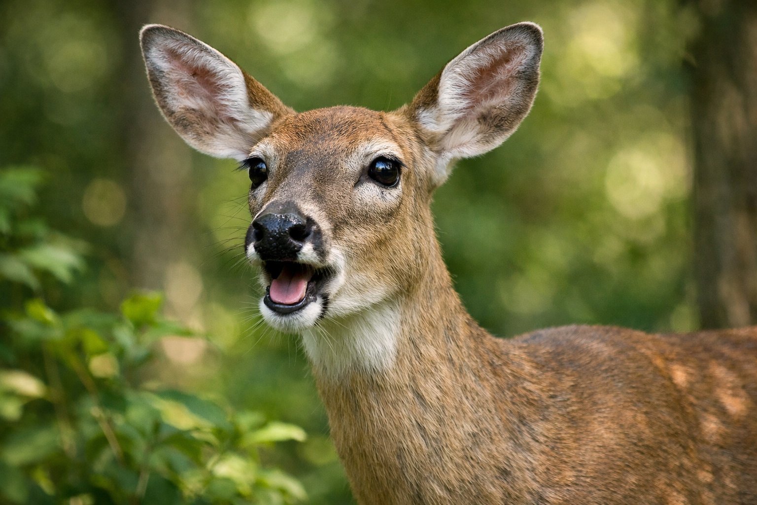 Close-up of a deer in a forest with its mouth slightly open as if making a sound.