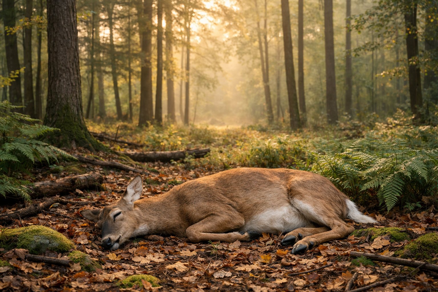 A lifeless deer lying peacefully on the forest floor surrounded by trees and foliage at dawn.