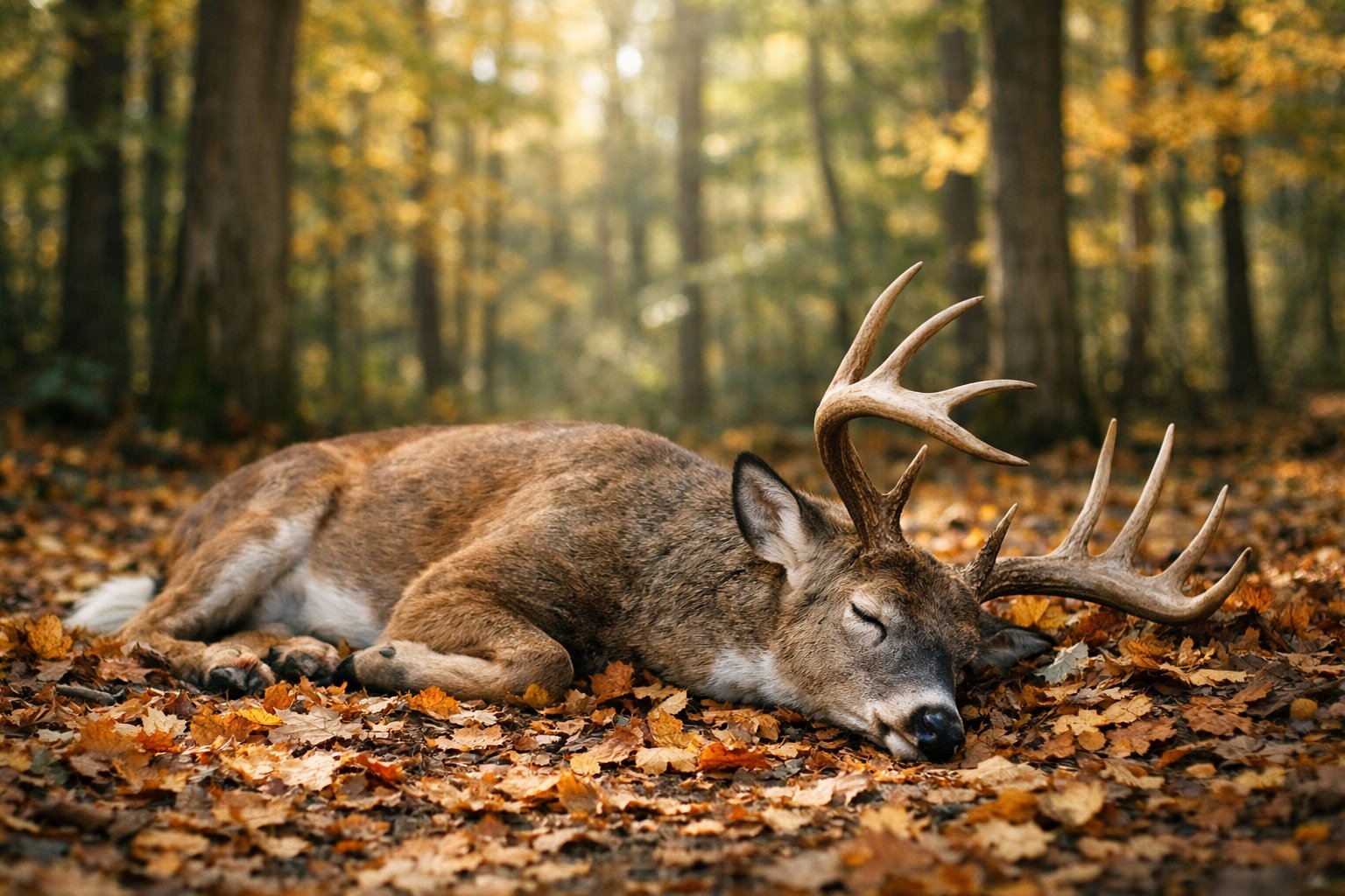 A lifeless deer lying on the forest floor surrounded by autumn leaves and trees.
