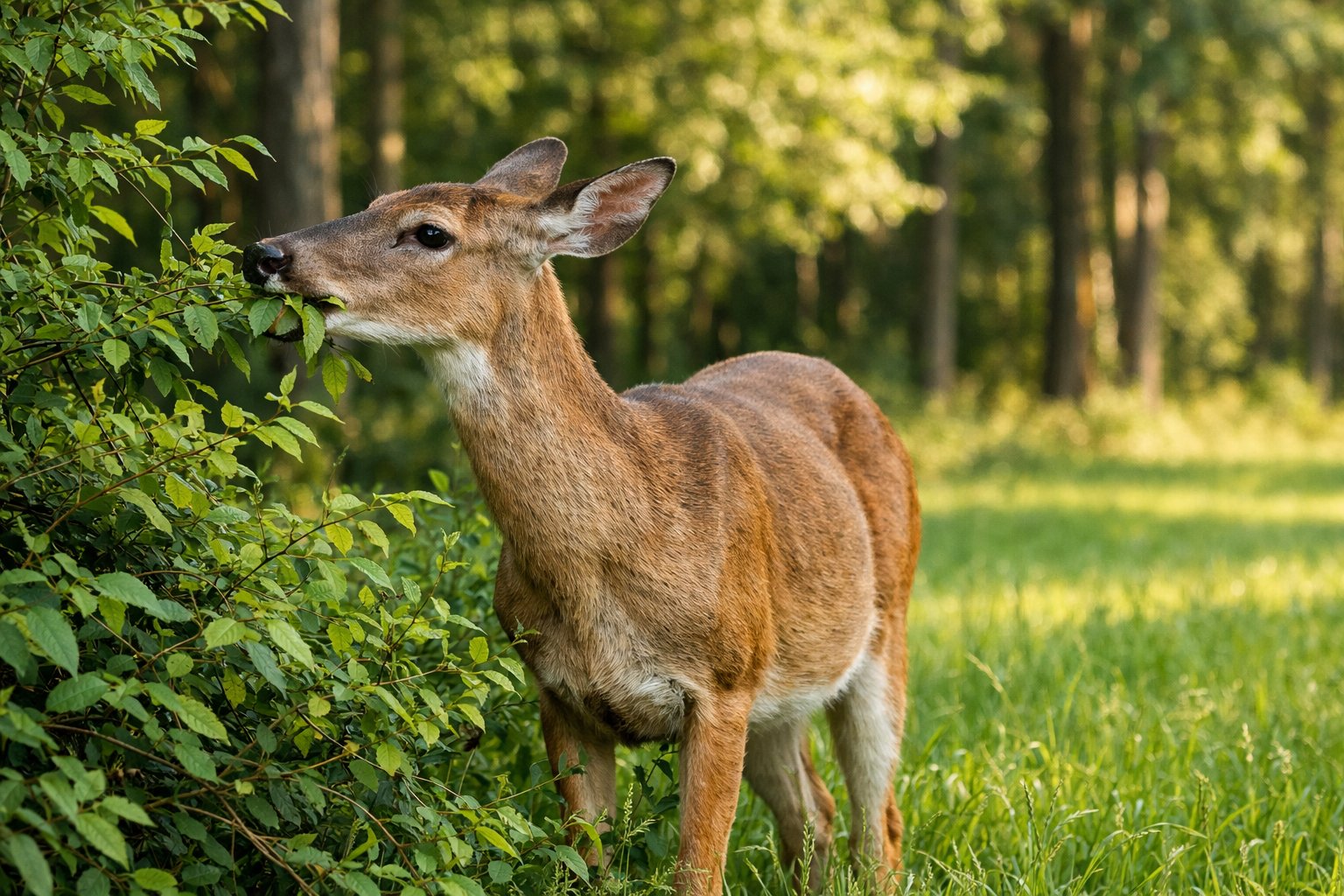 A deer eating green leaves and shoots in a forest meadow with trees in the background.