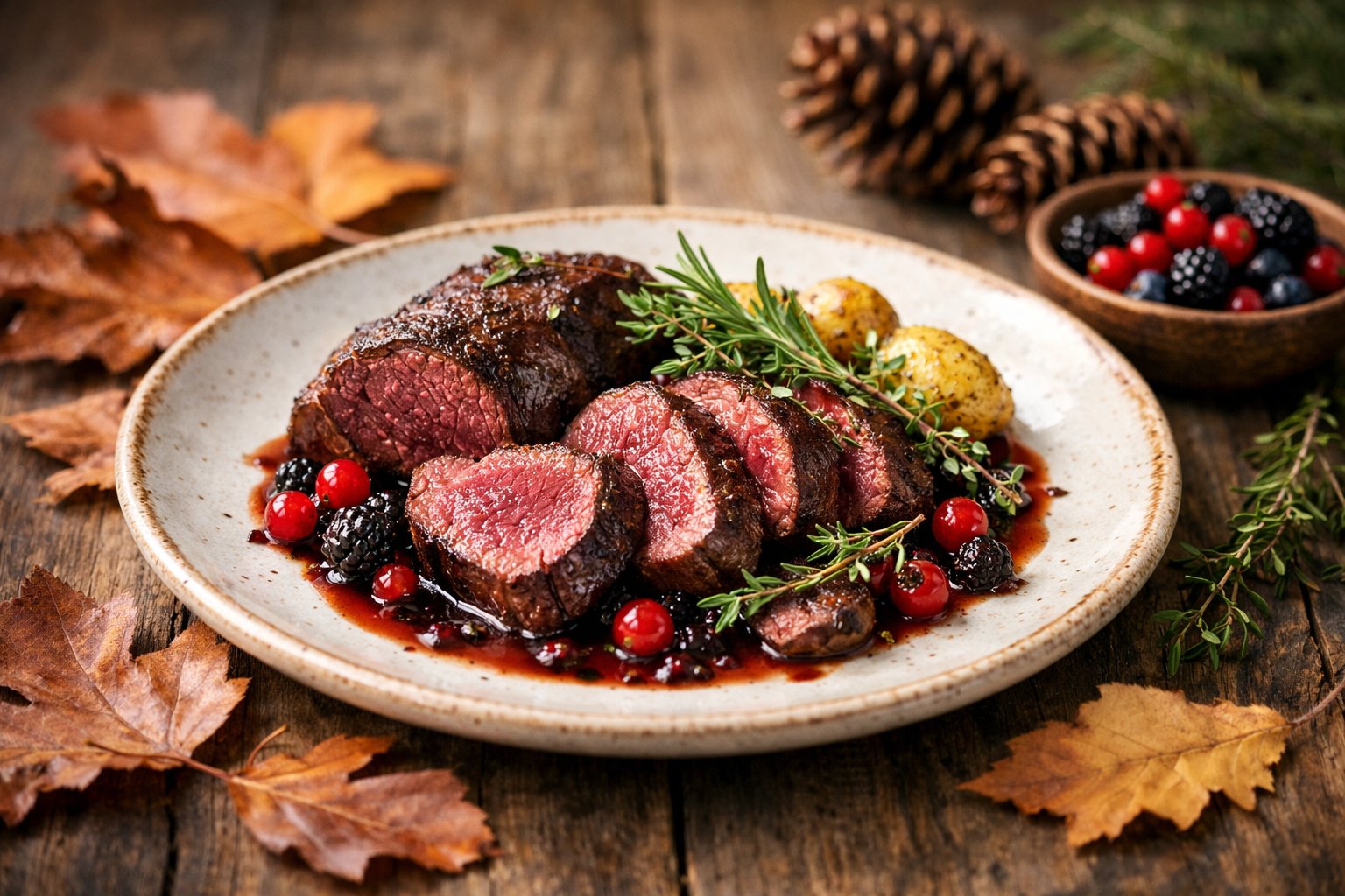 A plated venison steak garnished with herbs on a wooden table surrounded by autumn leaves and pine cones.