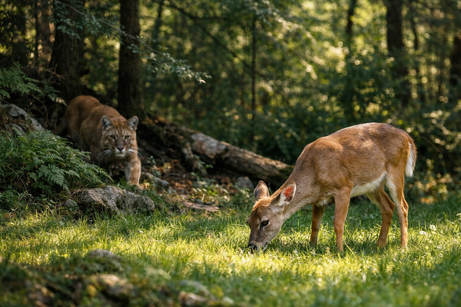 A predator stalking a deer in a sunlit forest clearing.