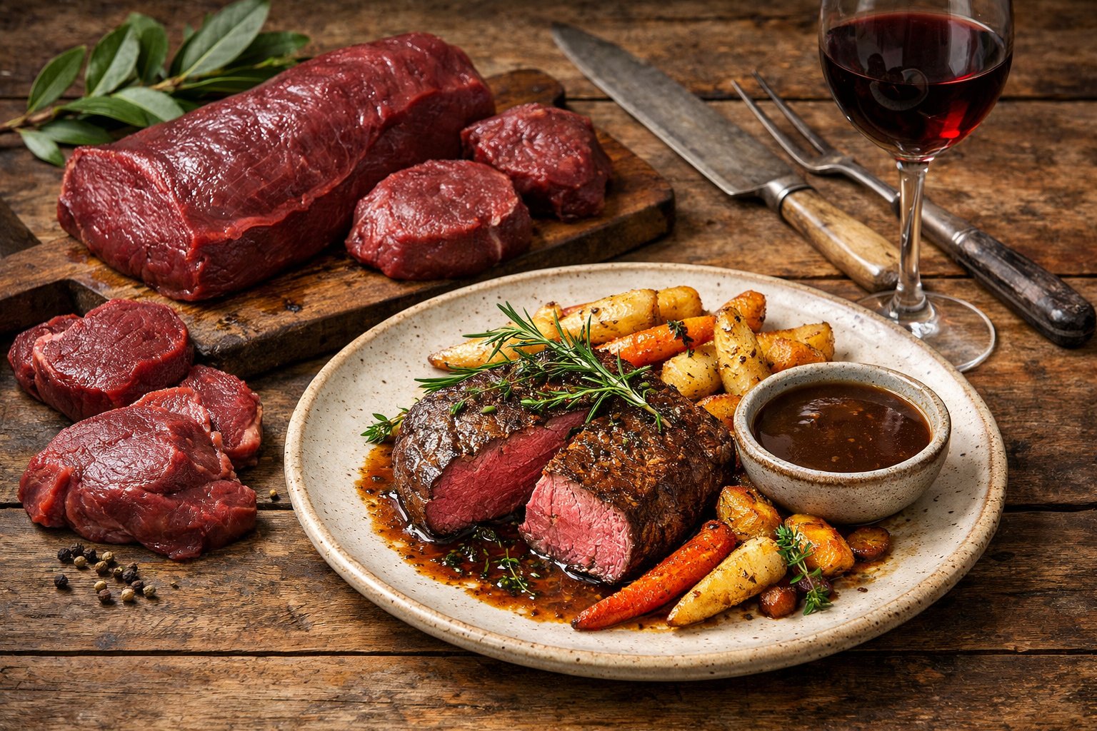 A wooden table with cooked venison steak garnished with herbs, roasted vegetables, raw venison cuts, and a glass of red wine.