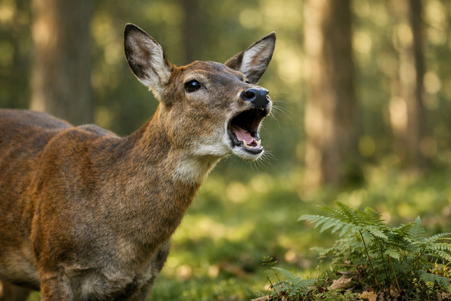 A deer in a forest with its mouth open as if barking, surrounded by trees and greenery.