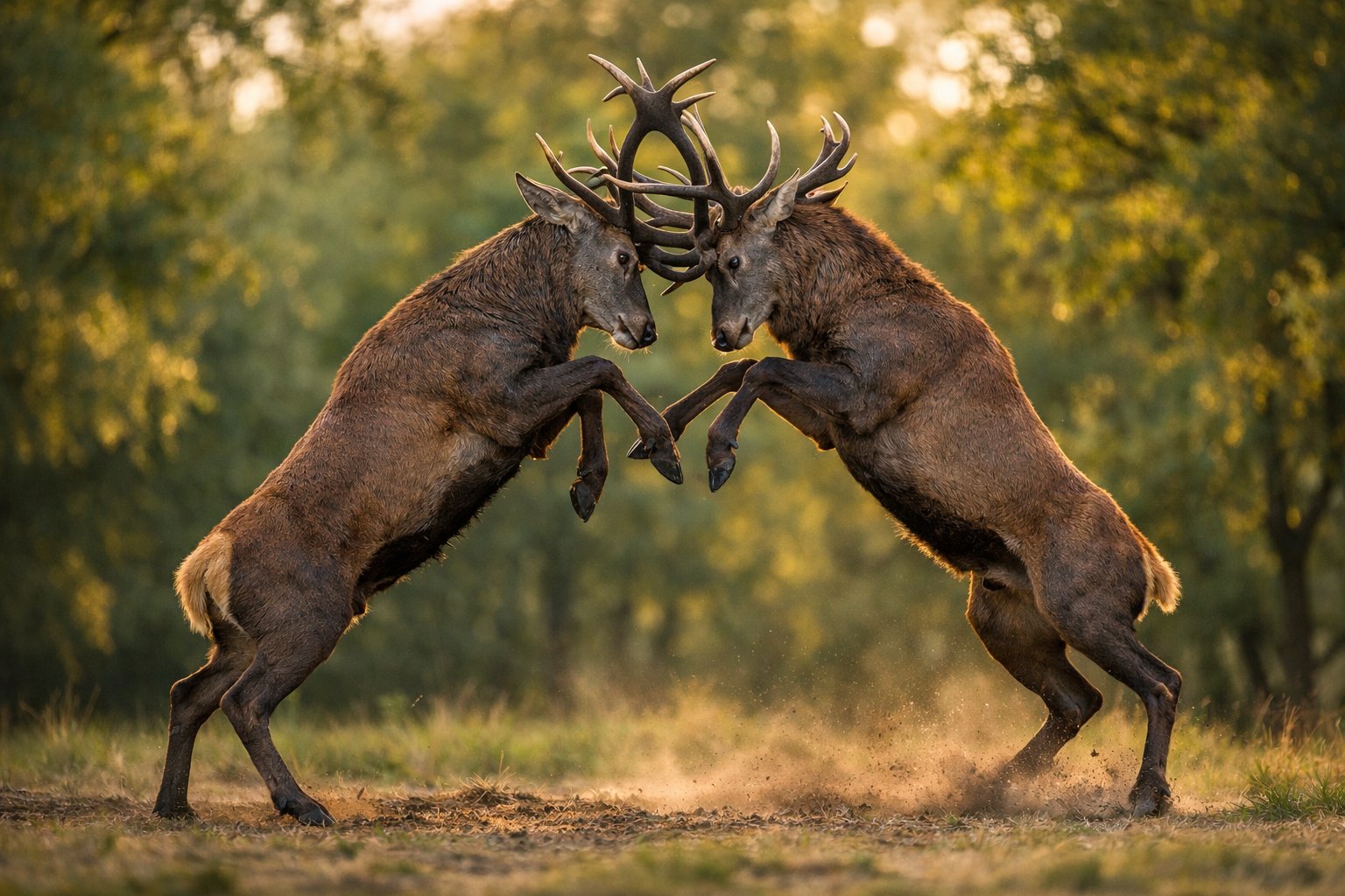 Two male deer fighting by locking their antlers in a forest clearing.