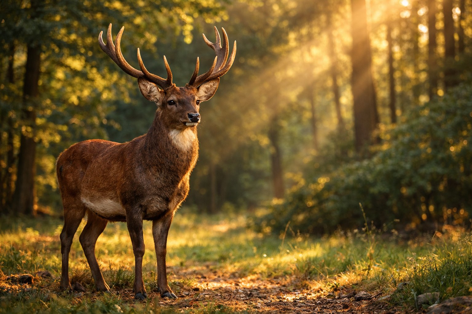 A deer standing in a sunlit forest clearing surrounded by green trees and grass.