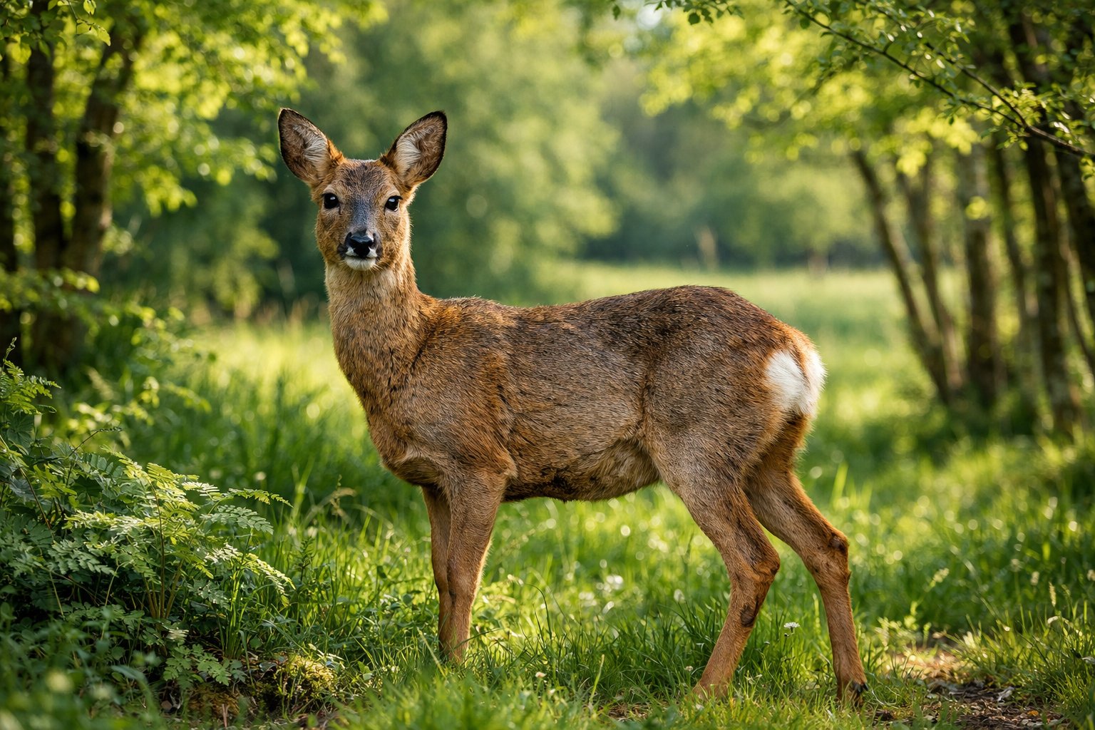 An adult deer standing in a green forest with sunlight filtering through the trees.
