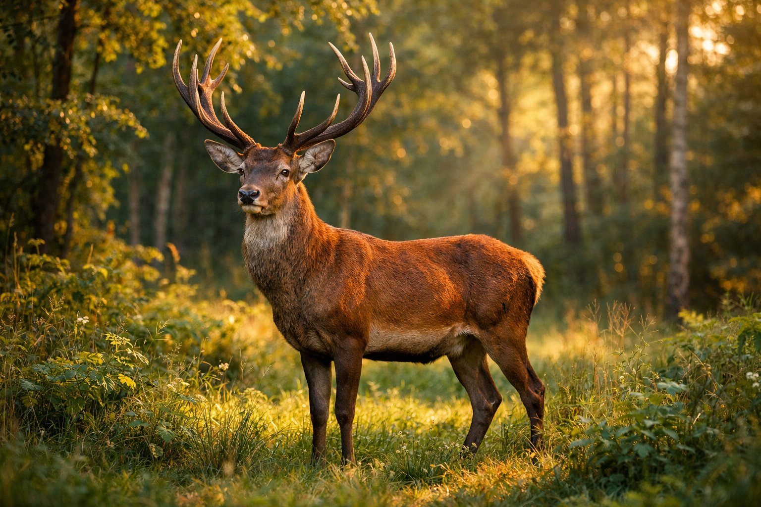 A deer standing in a forest clearing surrounded by trees and greenery.