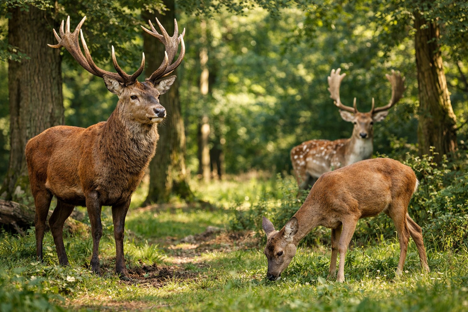 Several UK deer species including a red deer stag, roe deer doe, and fallow deer in a sunlit forest clearing surrounded by trees and greenery.