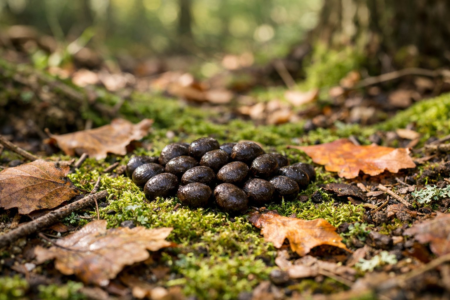 Close-up of deer droppings on a forest floor with moss and fallen leaves.