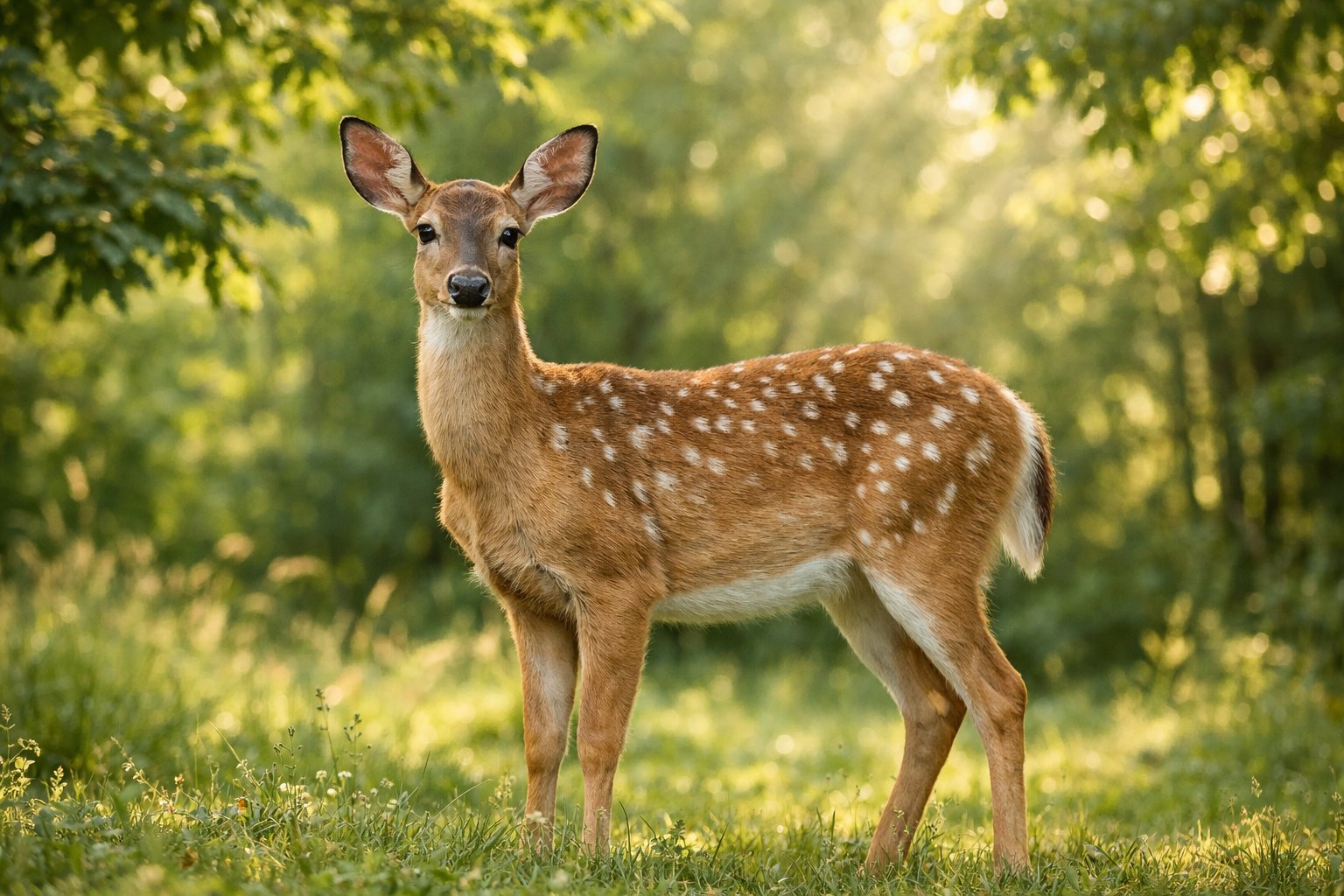 A young female deer standing in a sunlit forest clearing surrounded by green trees and foliage.