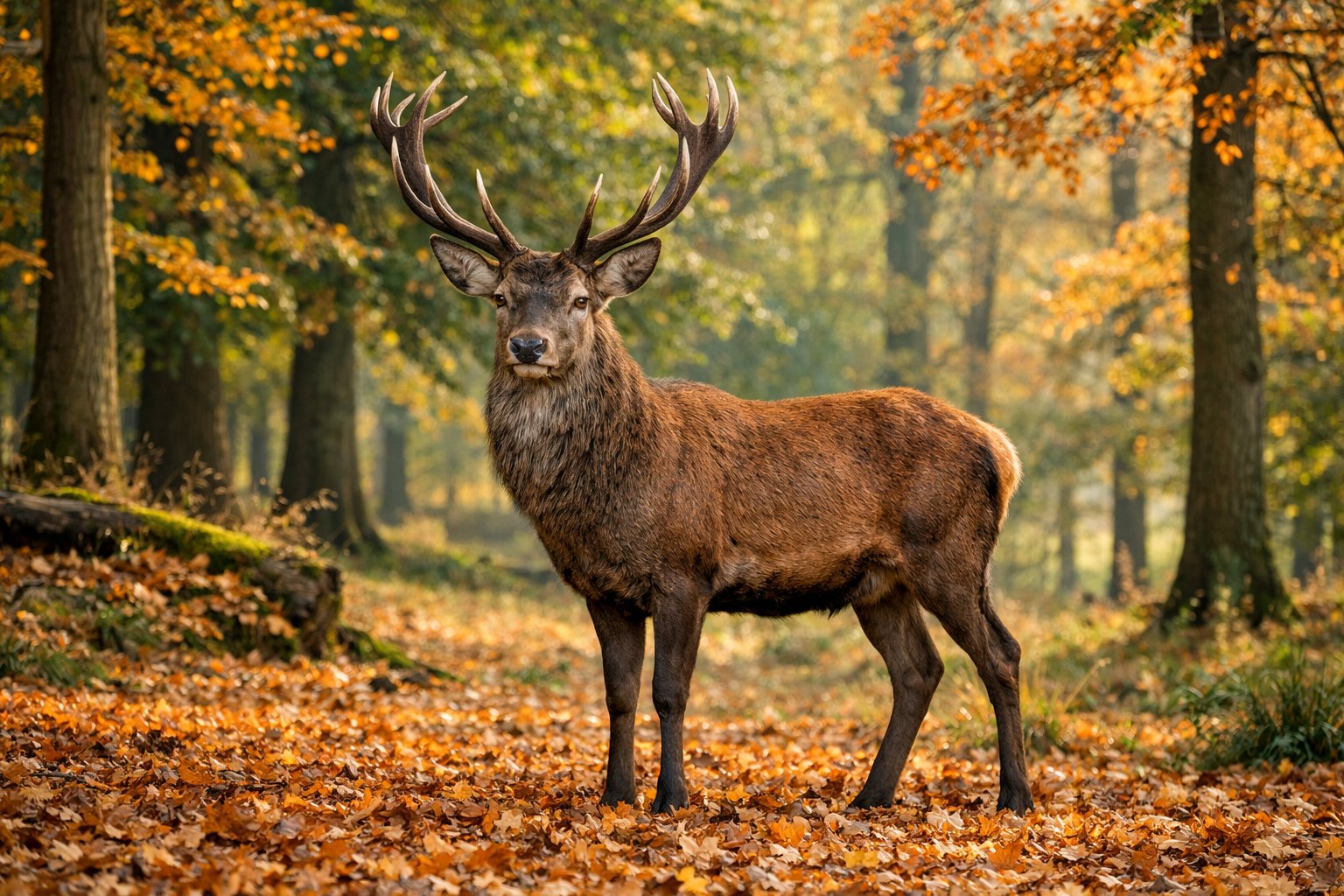 A red deer stag standing calmly in a British woodland with autumn leaves and trees around.