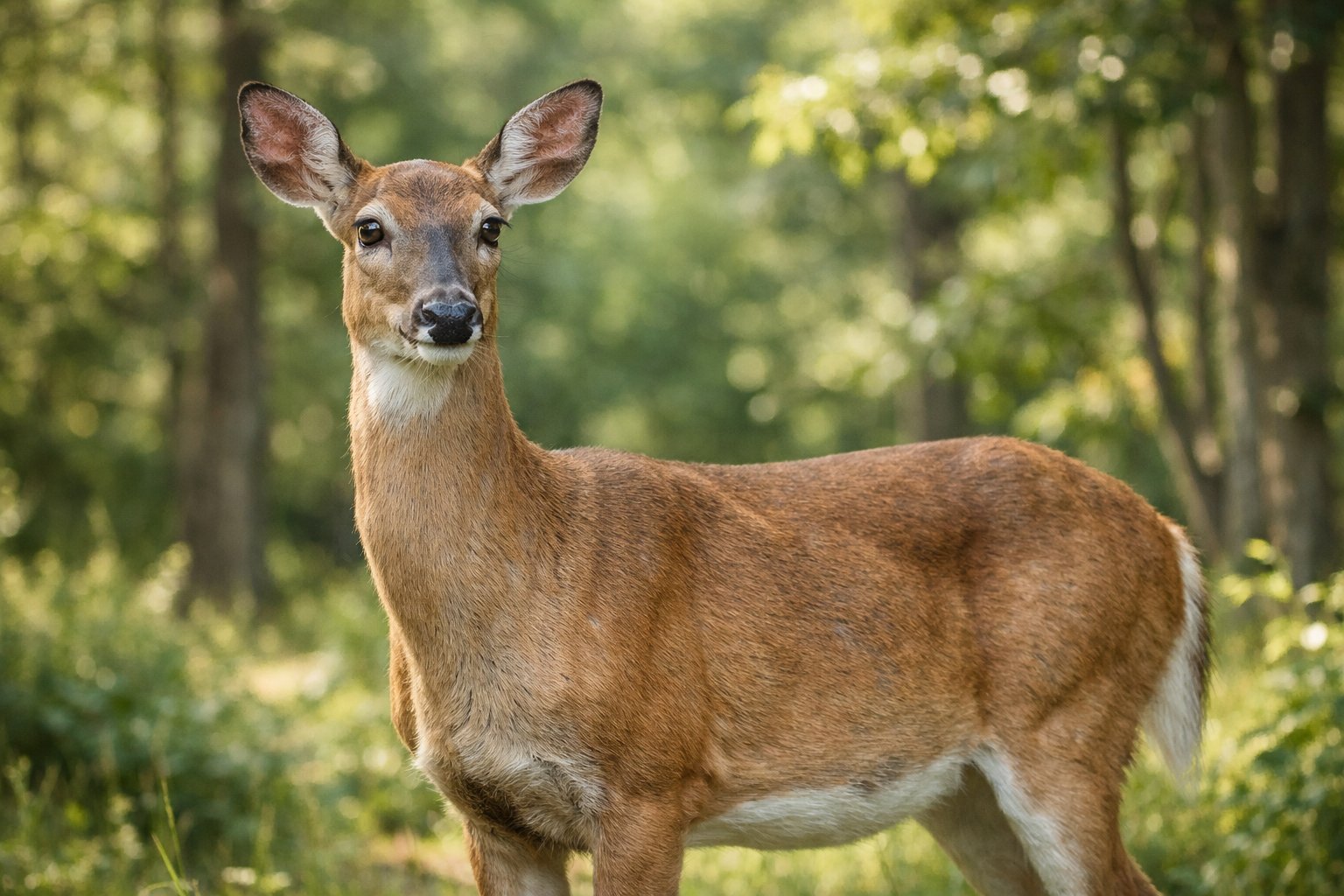 A female deer standing calmly in a forest with green trees and sunlight filtering through.