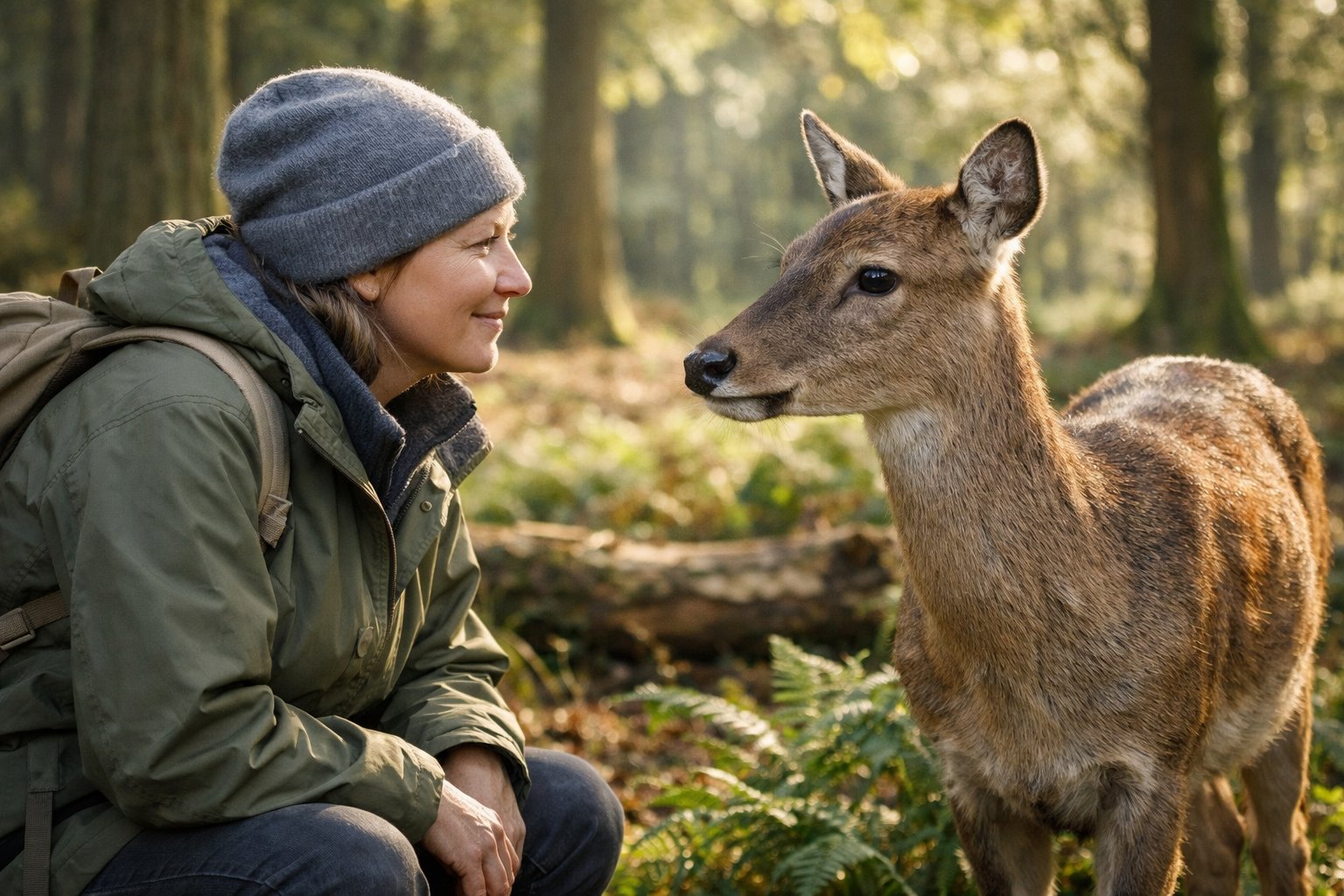 A person calmly observing a deer in a peaceful UK woodland setting.