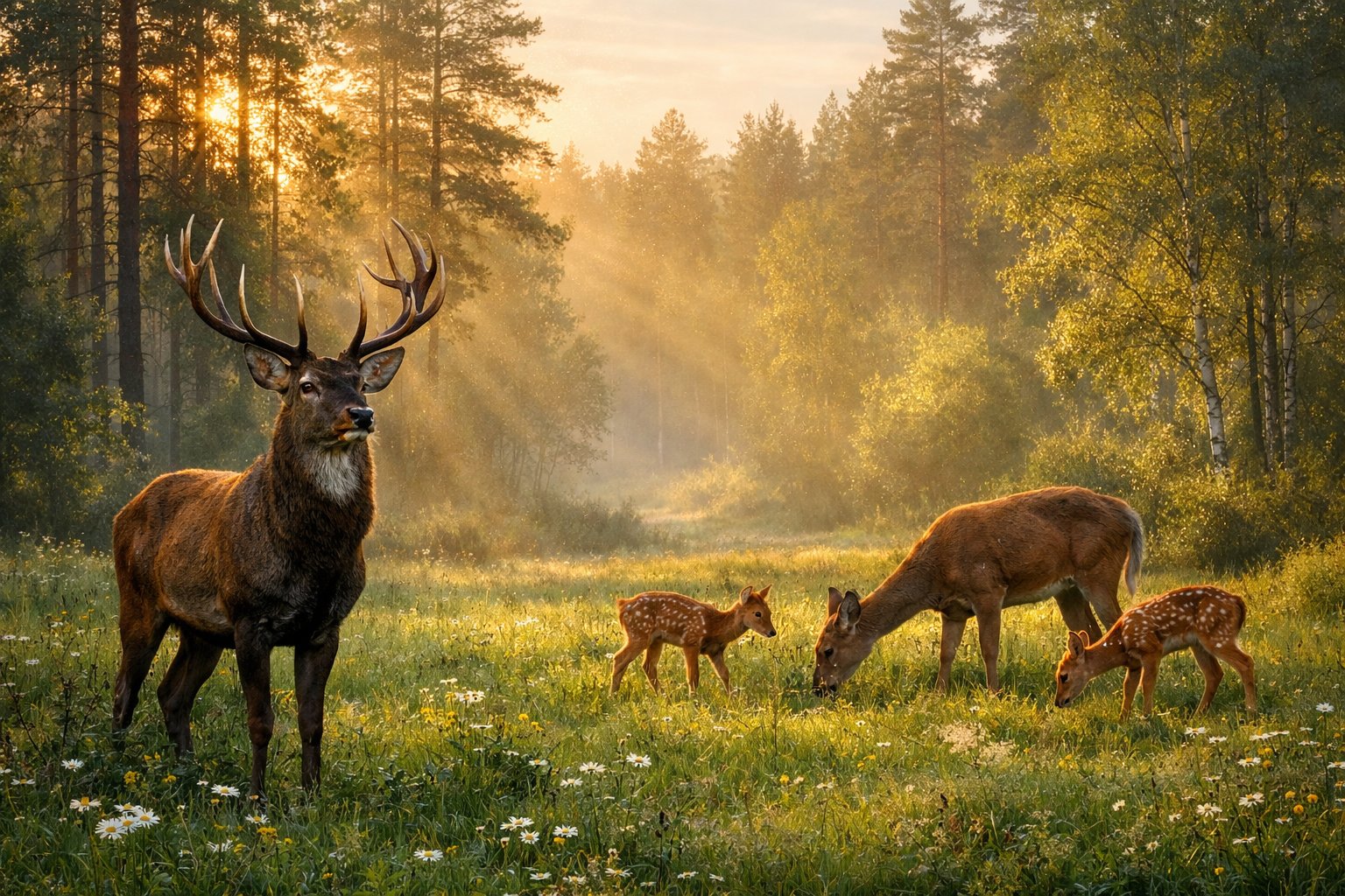 A group of deer including a stag, a doe, and two fawns standing and grazing in a forest meadow at dawn.