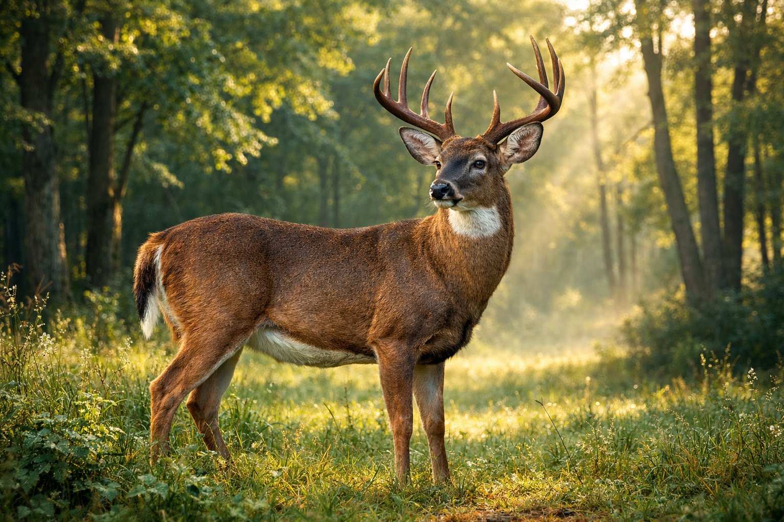 An adult deer standing in a sunlit forest clearing surrounded by trees and green foliage.