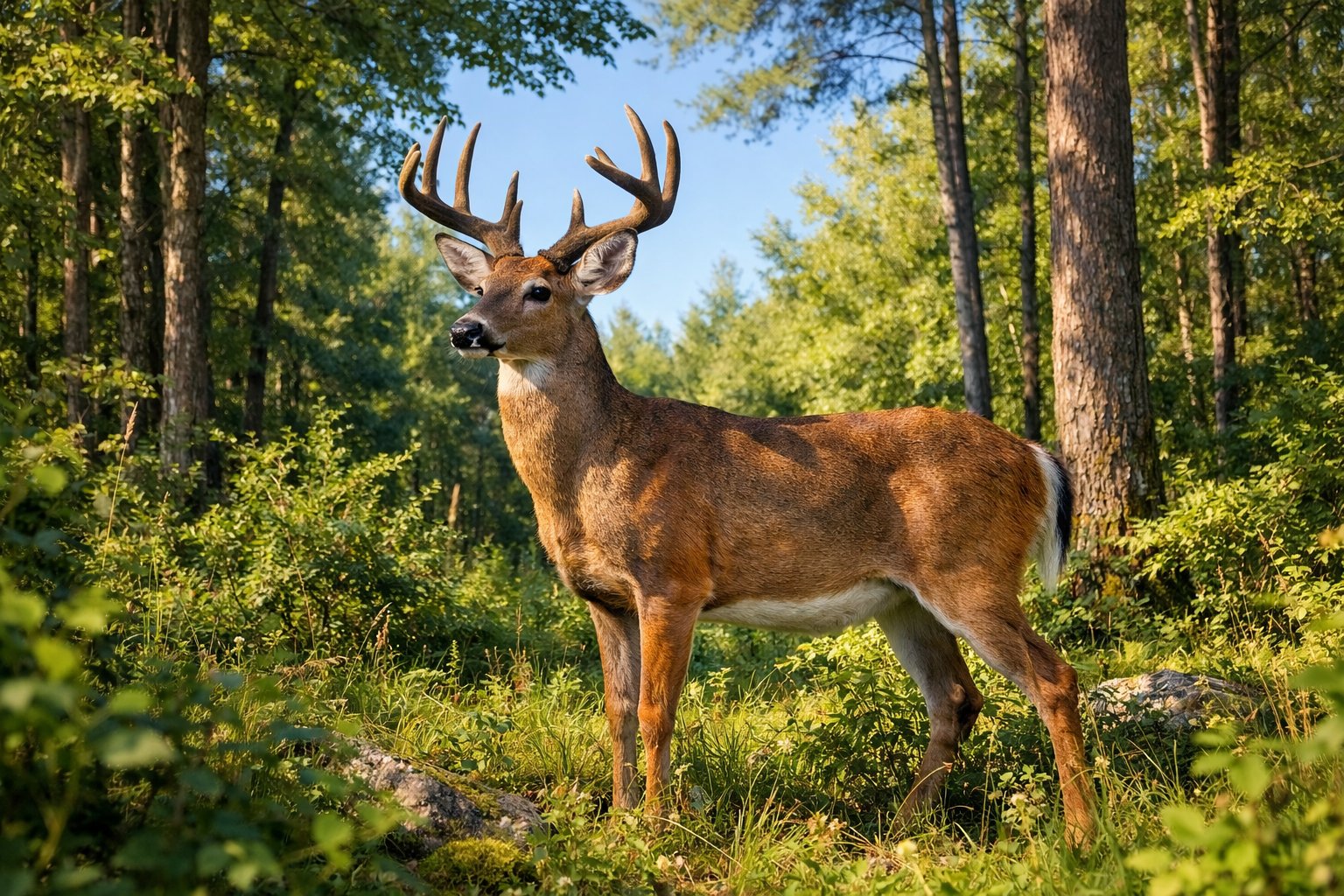 An adult deer standing alert in a sunlit forest surrounded by trees and green plants.