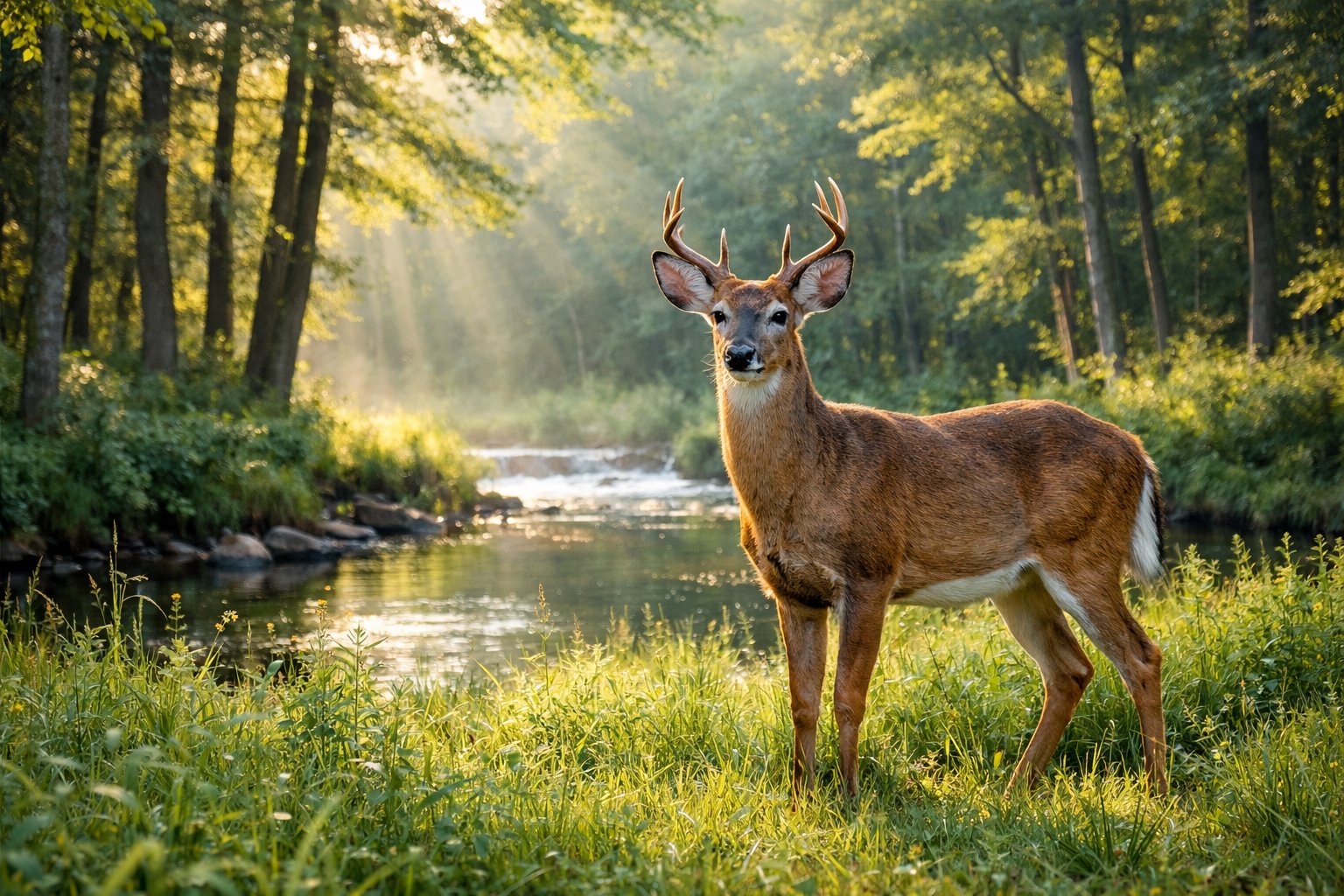 An adult deer standing in a green forest clearing with sunlight filtering through the trees.