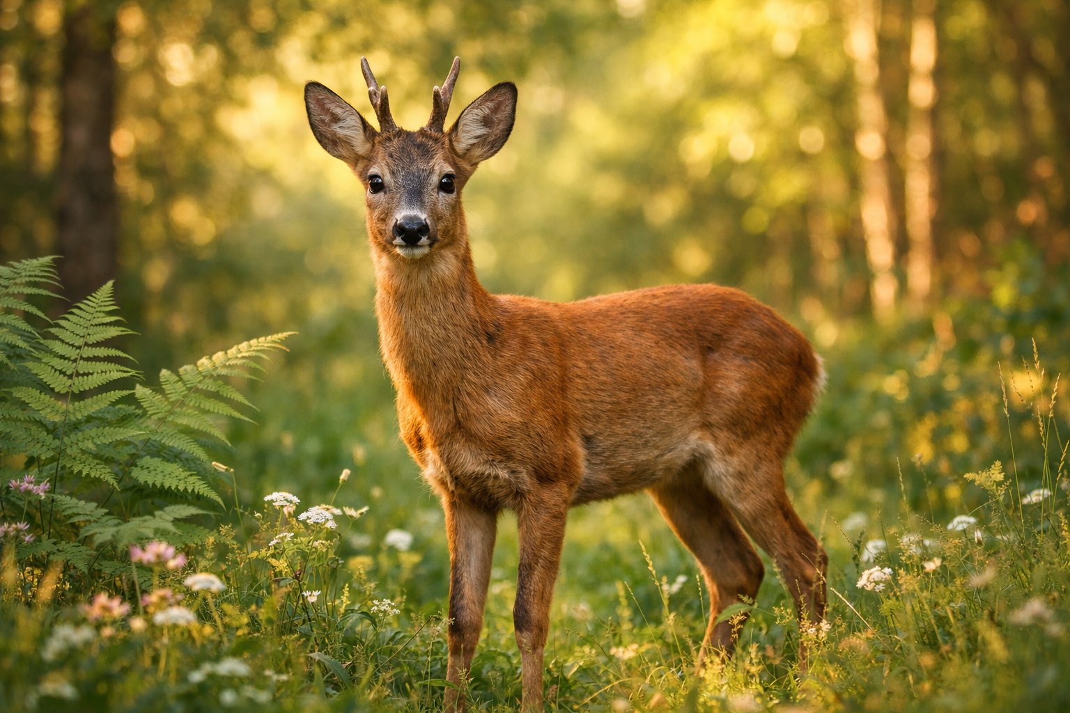A young deer standing in a sunlit forest clearing surrounded by green plants and trees.
