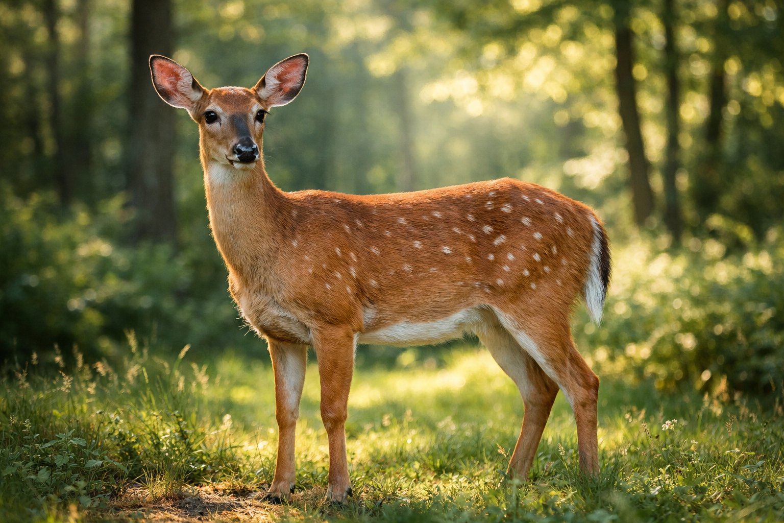 A female deer standing calmly in a sunlit forest clearing surrounded by trees and green foliage.