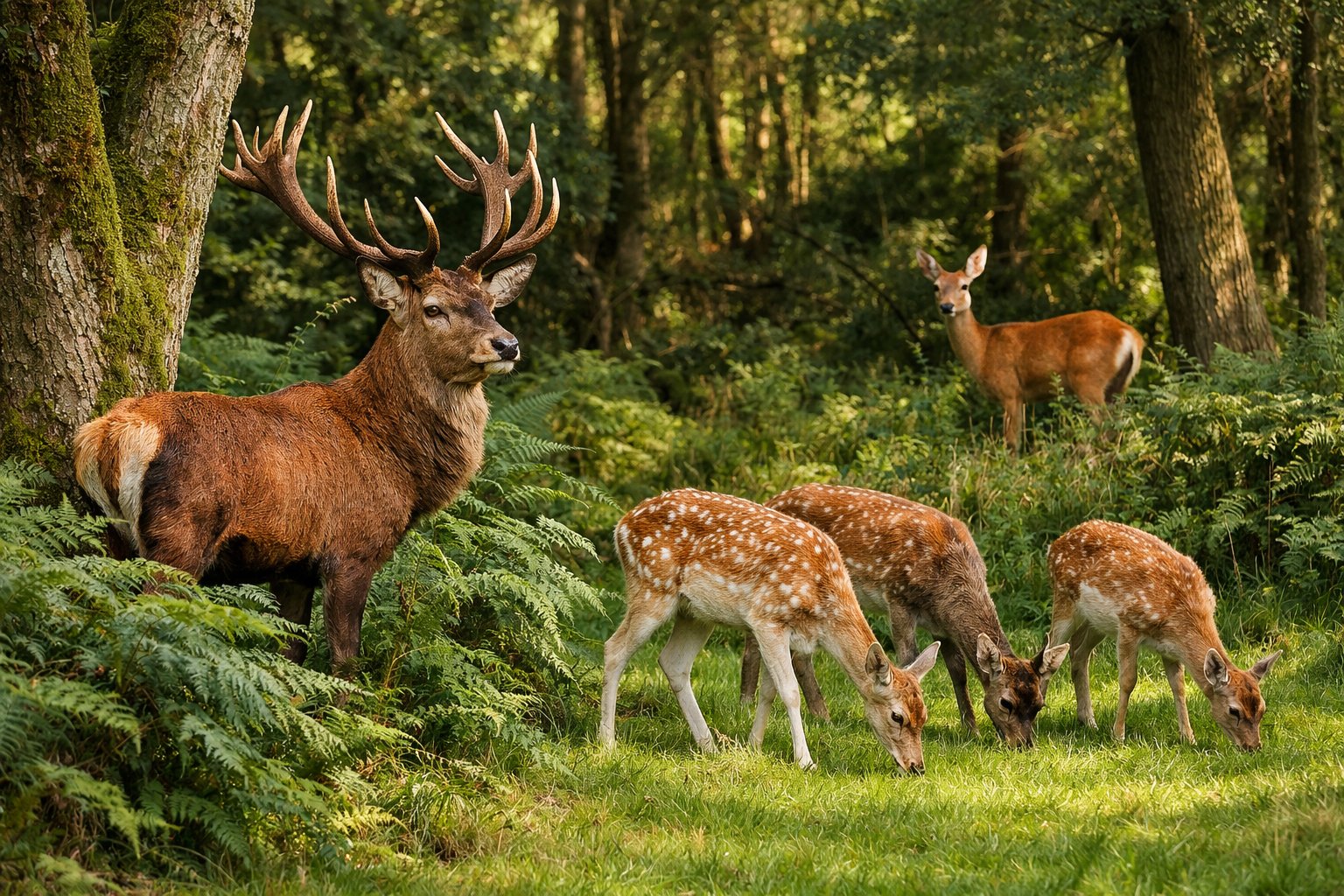 A woodland scene in the UK showing a red deer stag, fallow deer grazing, and a roe deer doe among trees and greenery.