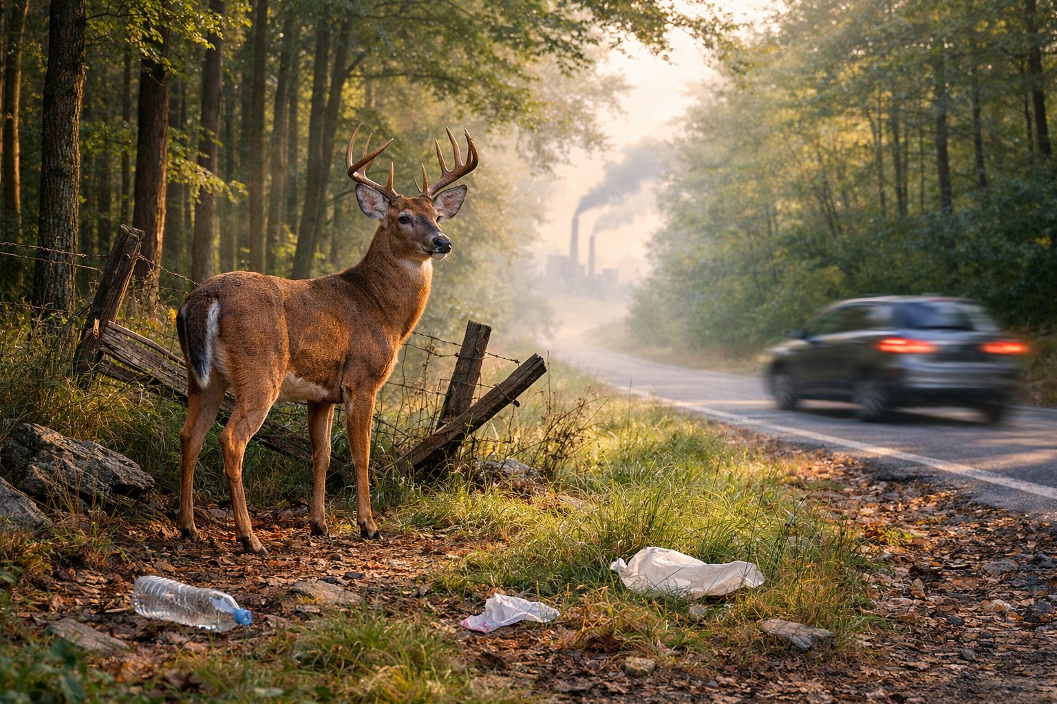 An adult deer standing near a forest edge with a distant factory, broken fence, scattered plastic waste, and a passing car in the background.